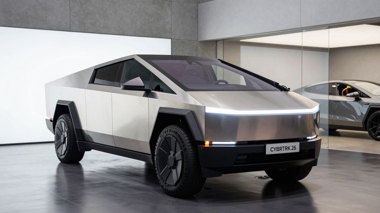 Caminhonete elétrica Tesla Cybertruck prateada em ambiente interno com acabamento industrial moderno.
