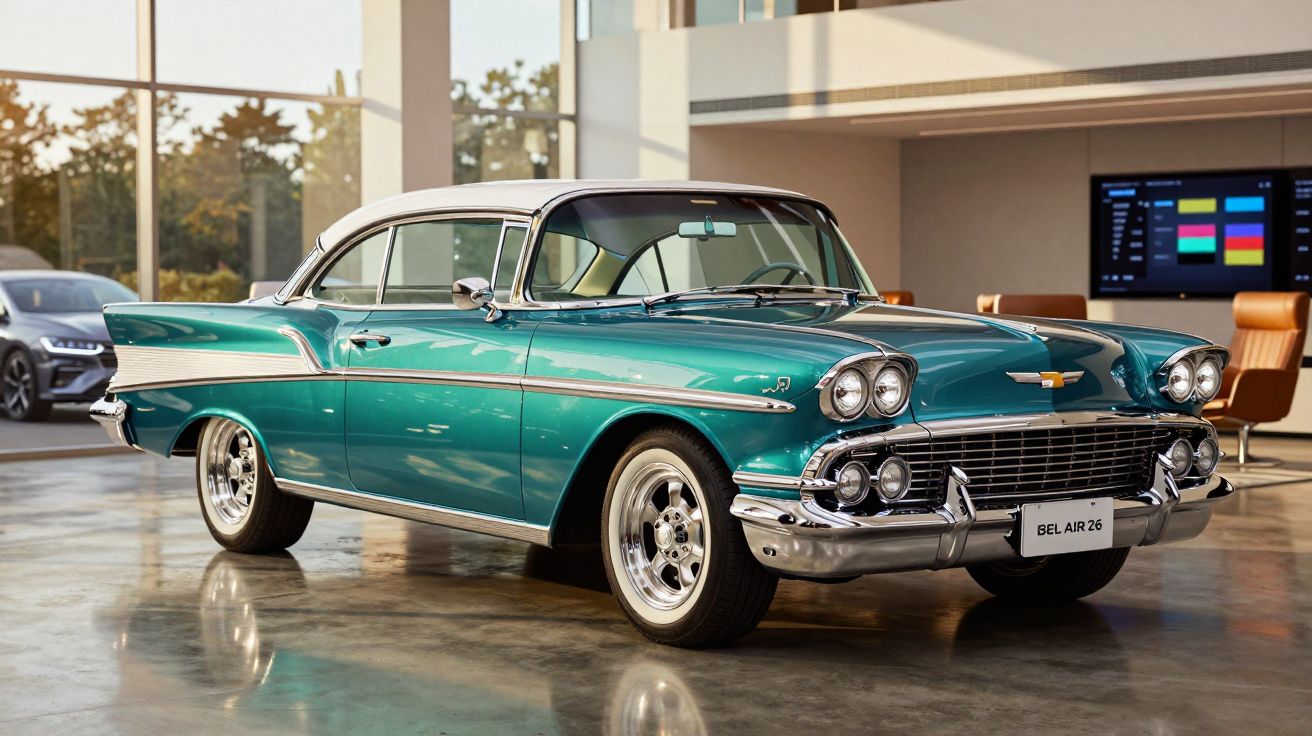 Carro clássico Chevrolet Bel Air 1958 verde com teto branco exibido em showroom moderno.