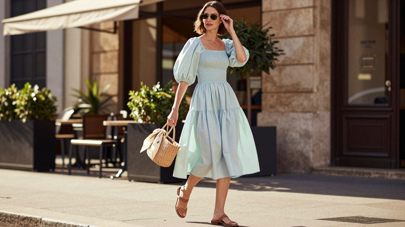 Mulher caminhando na rua com vestido azul claro, sandálias e bolsa de palha, usando óculos escuros.