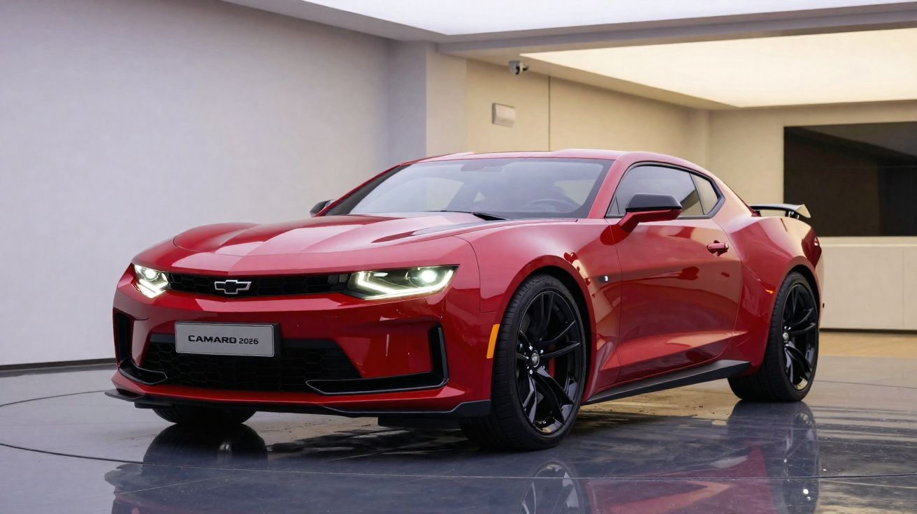 Carro esportivo vermelho Chevrolet Camaro 2026 estacionado em ambiente moderno fechado.