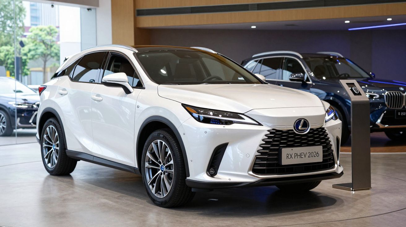 Carro branco Lexus RX PHEV 2026 exibido em showroom moderno com outros veículos ao fundo.