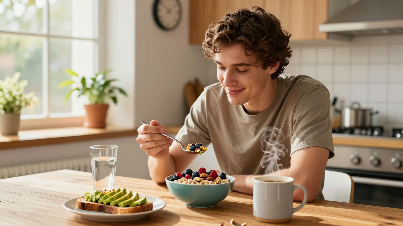 Jovem sorridente comendo tigela de frutas e cereal na cozinha com café e torrada com abacate.