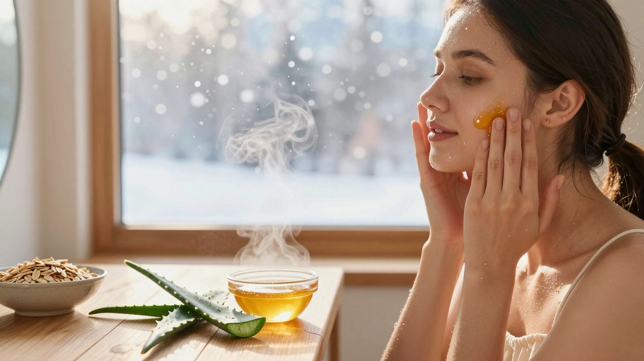 Mulher aplicando máscara facial de mel ao lado de babosa e chá quente em mesa de madeira.