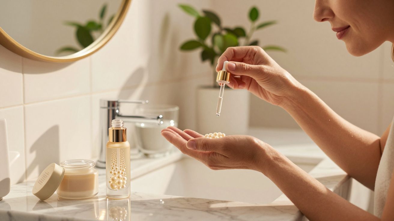 Pessoa aplicando sérum facial com conta-gotas em banheiro moderno com produtos de beleza sobre a pia.