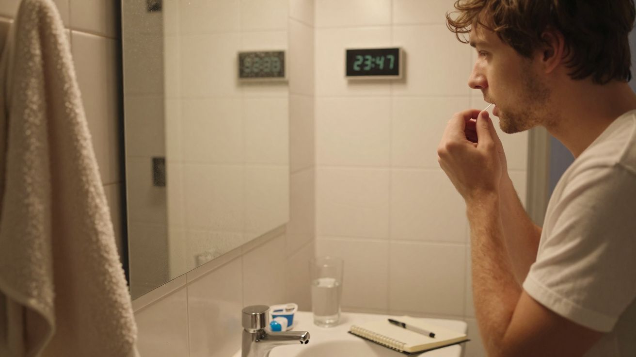 Homem em banheiro olhando no espelho, tomando medicamento, relógio digital marca 23:47.
