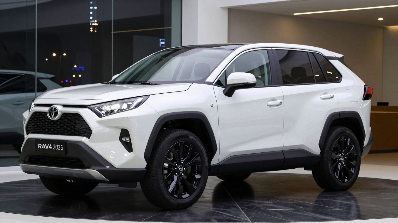SUV Toyota RAV4 branco 2026 em exposição interna, com rodas pretas e detalhes modernos.