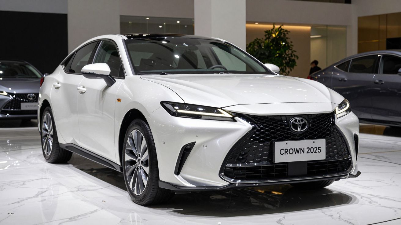 Carro sedan branco Toyota Crown 2025 exposto em ambiente interno de showroom.
