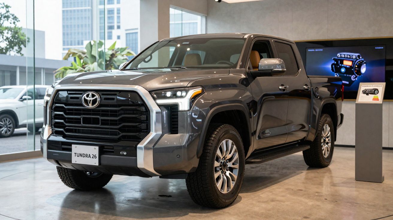 Picape Toyota Tundra 26 cinza estacionada em showroom moderno com chão de concreto polido.
