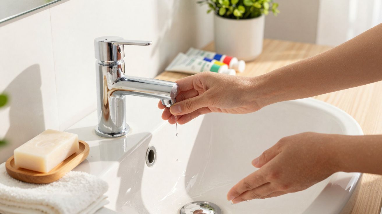 Mãos próximas a torneira de banheiro moderna com água pingando, sabonete, toalha e planta decorativa ao fundo.
