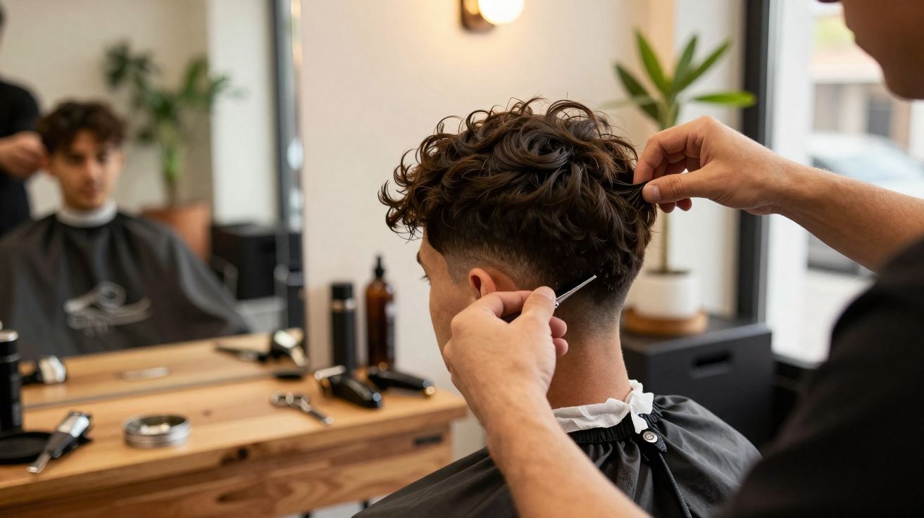 Homem recebendo acabamento com navalha na parte de trás do cabelo em barbearia moderna.