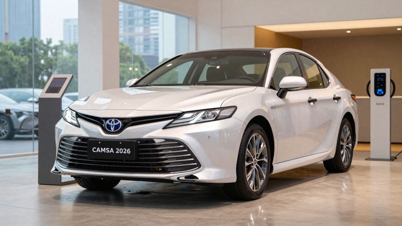Carro sedan branco Toyota Camry 2026 exibido em showroom moderno com piso de mármore.