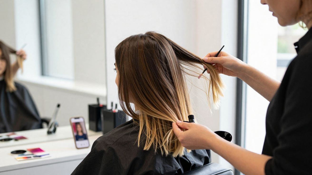 Profissional de cabelo examina mechas de cliente em salão de beleza moderno com espelho e celular.