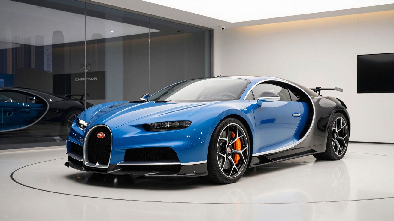 Carro esportivo Bugatti Chiron azul e preto exibido em showroom moderno com piso branco brilhante.
