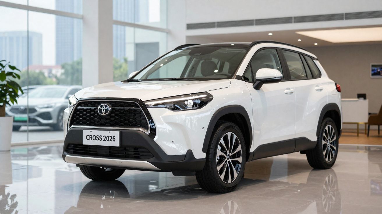 SUV Toyota Cross branco modelo 2026 exposto em showroom moderno e bem iluminado.