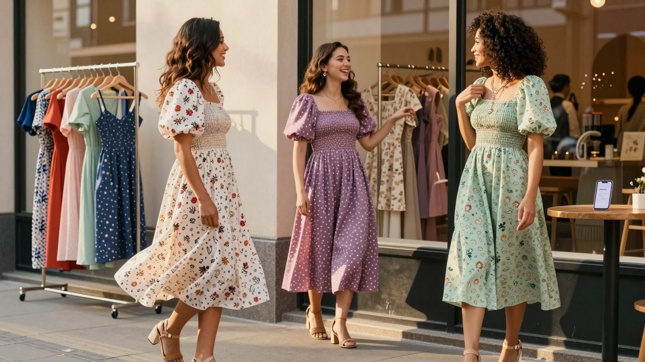 Três mulheres caminhando com vestidos florais e coloridos, sorrindo em frente a uma loja de roupas.