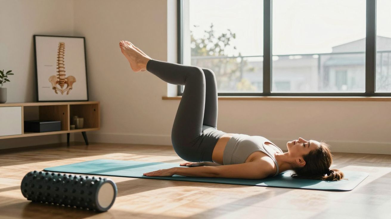 Mulher fazendo exercícios de pilates no chão com janela grande ao fundo e rolo de espuma ao lado.