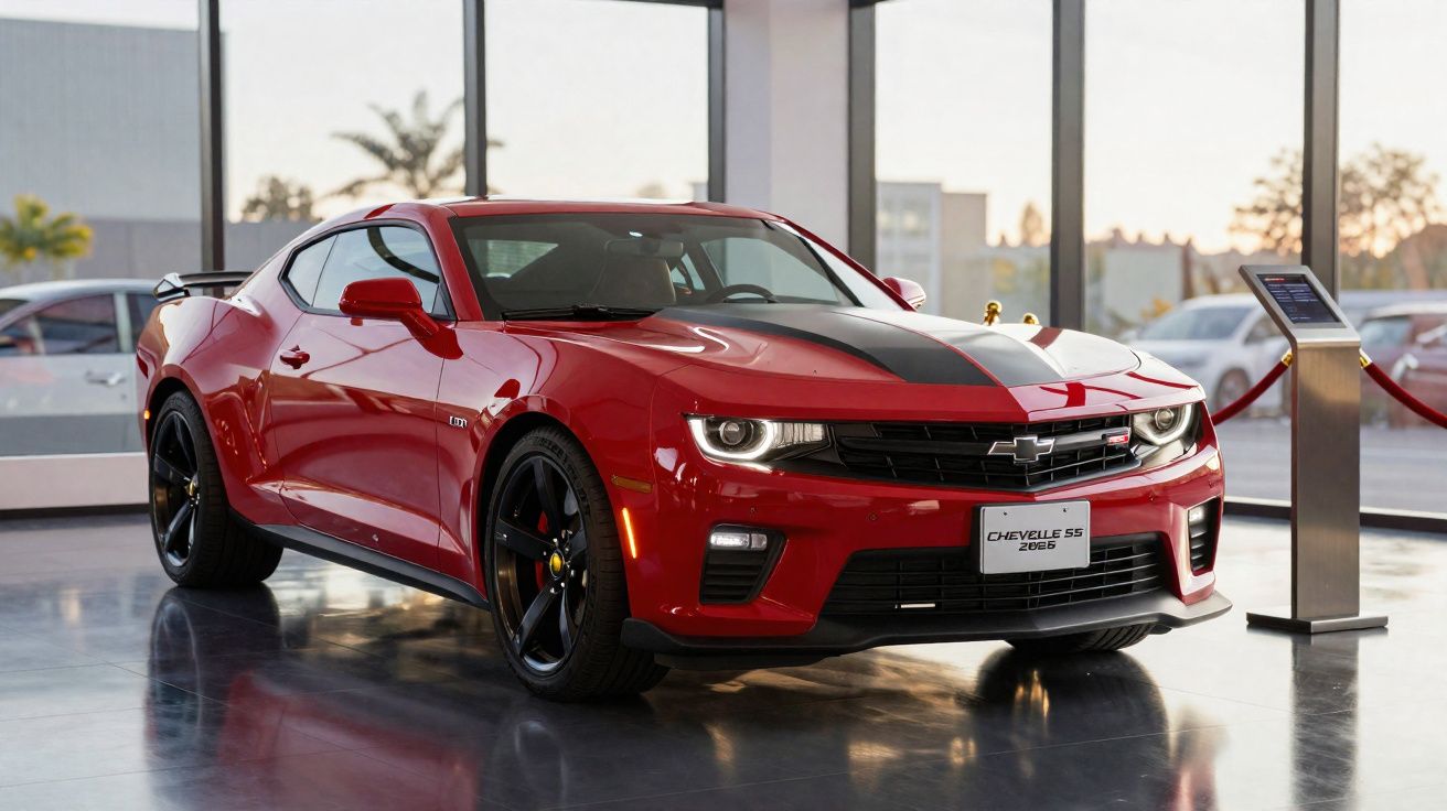 Carro esportivo vermelho Chevrolet Camaro SS exposto em showroom com teto solar e detalhes pretos.