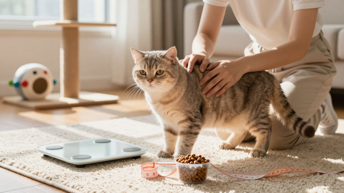 Pessoa medindo a saúde de um gato com fitas métricas, ração e balança em ambiente iluminado.