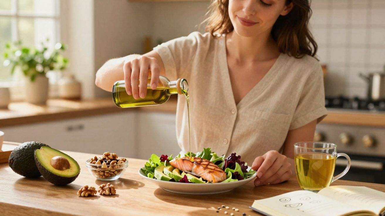 Mulher servindo azeite em salada com salmão, abacate, nozes e chá na cozinha clara.