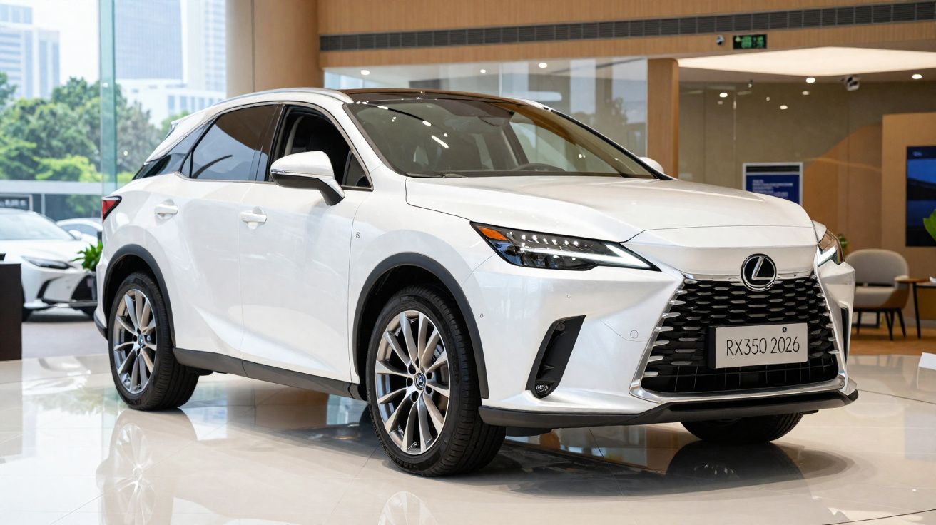 Carro SUV branco Lexus RX350 2026 exposto em showroom moderno com piso brilhante e grandes janelas.