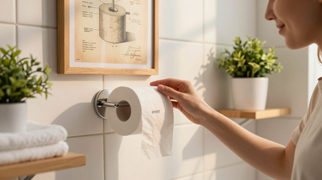 Pessoa puxando papel higiênico branco em banheiro com plantas e quadro de desenho técnico na parede.
