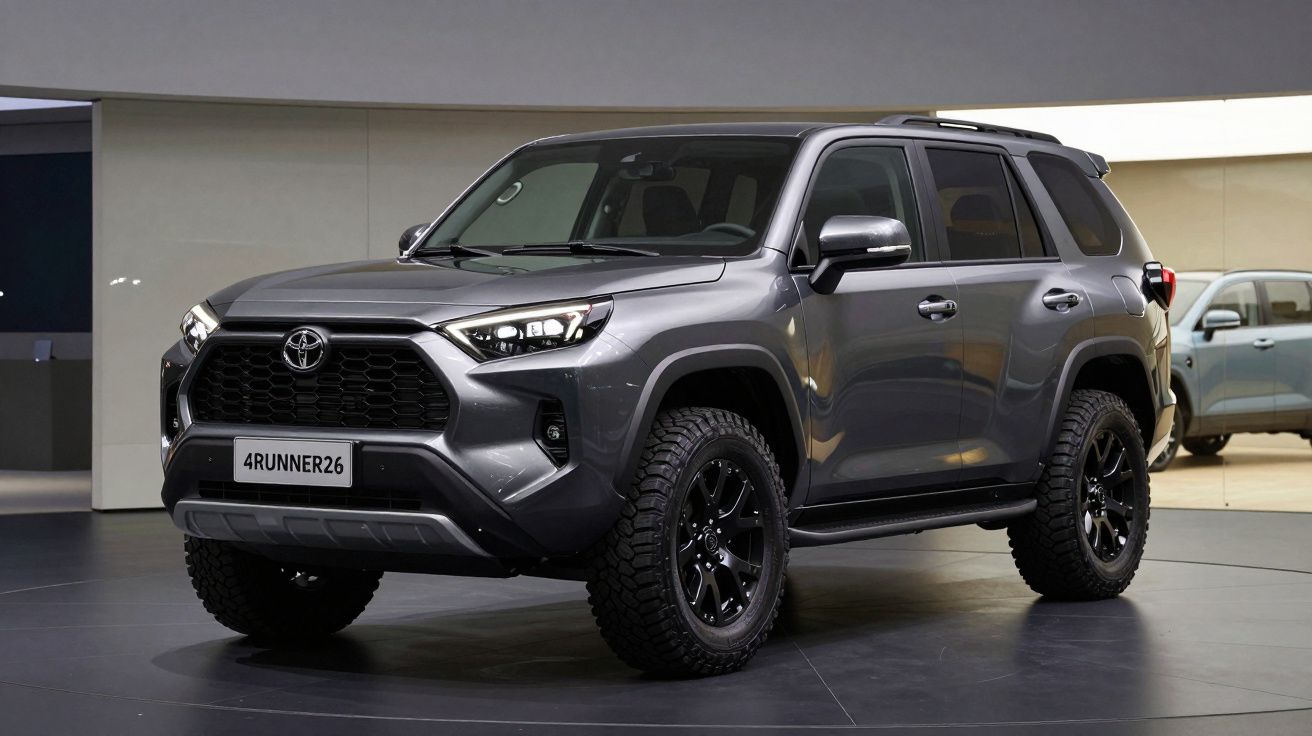 Carro SUV Toyota 4Runner cinza estacionado em ambiente interno com teto cinza e parede bege.