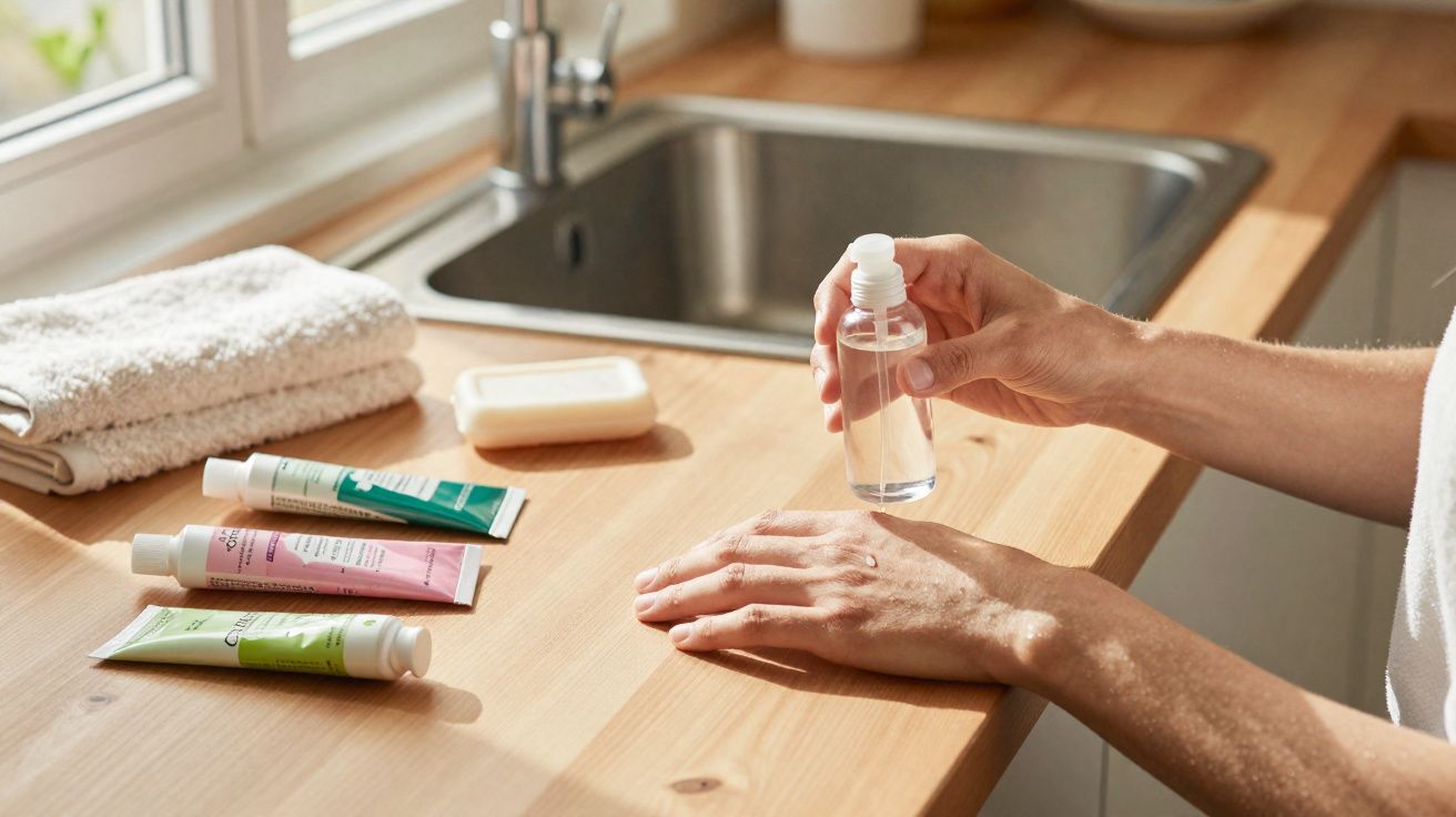 Mãos de pessoa aplicando creme em bancada com toalhas, sabonete e três tubos de cosméticos ao lado.