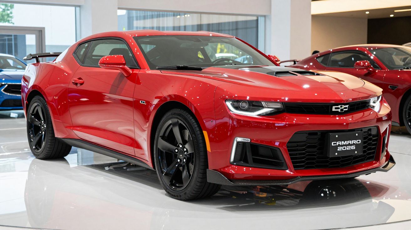 Carro esportivo vermelho Chevrolet Camaro 2026 em exposição interna com rodas pretas e spoiler traseiro.