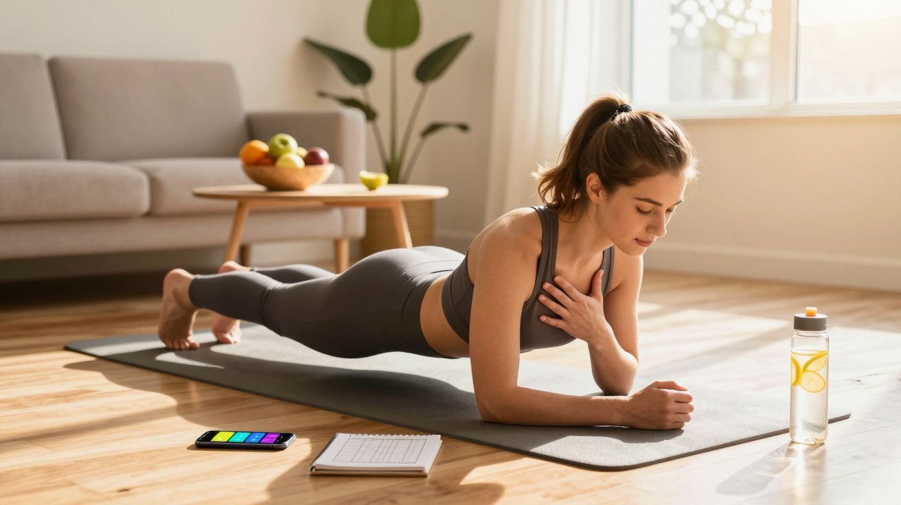 Mulher está fazendo prancha com mão no peito em tapete de yoga, com garrafa de água e celular no chão.