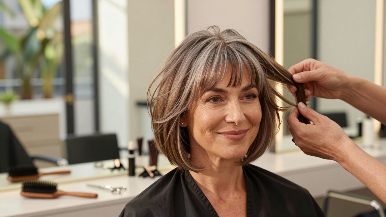 Mulher sorridente com cabelo grisalho curto sendo arrumado por um cabeleireiro em salão moderno.