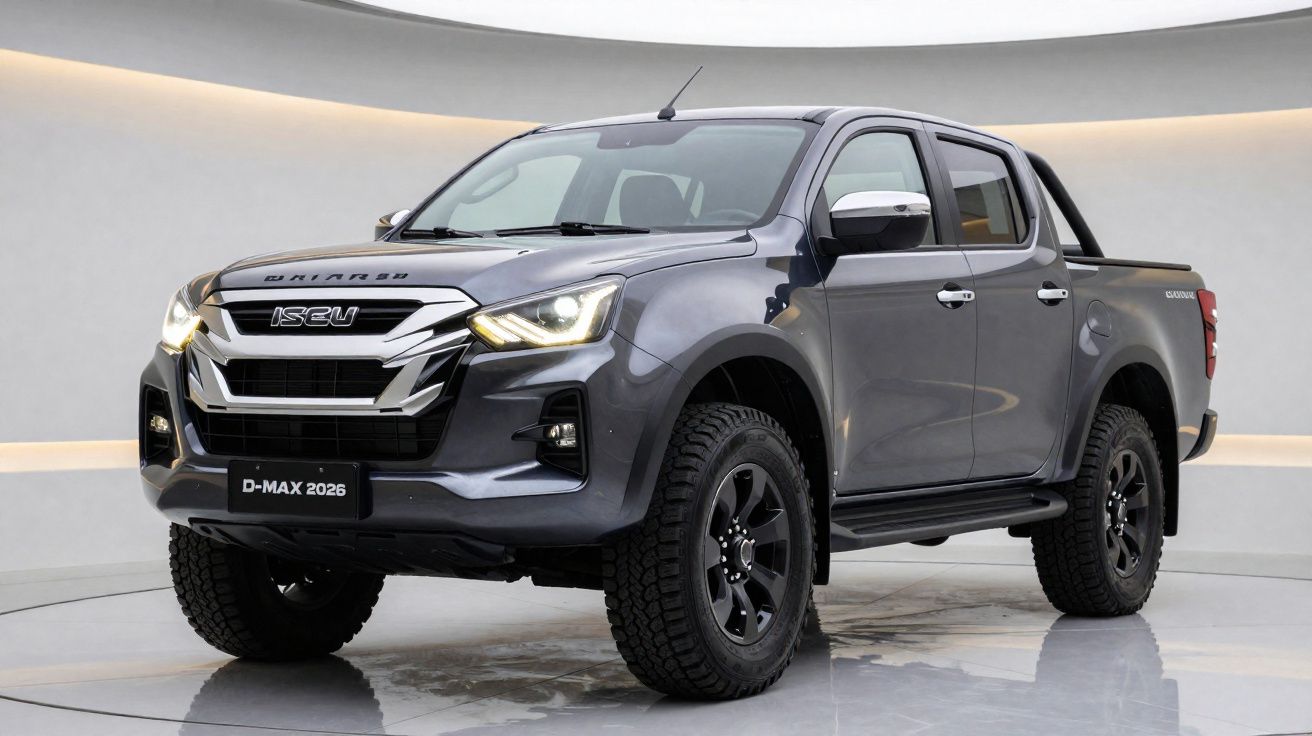 Picape Isuzu D-Max 2026 cinza exibe design robusto em ambiente interno moderno e iluminado.