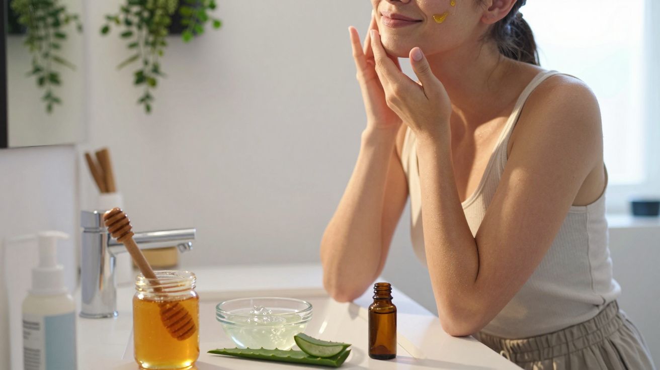 Mulher aplicando máscara facial natural com mel e aloe vera em banheiro iluminado.