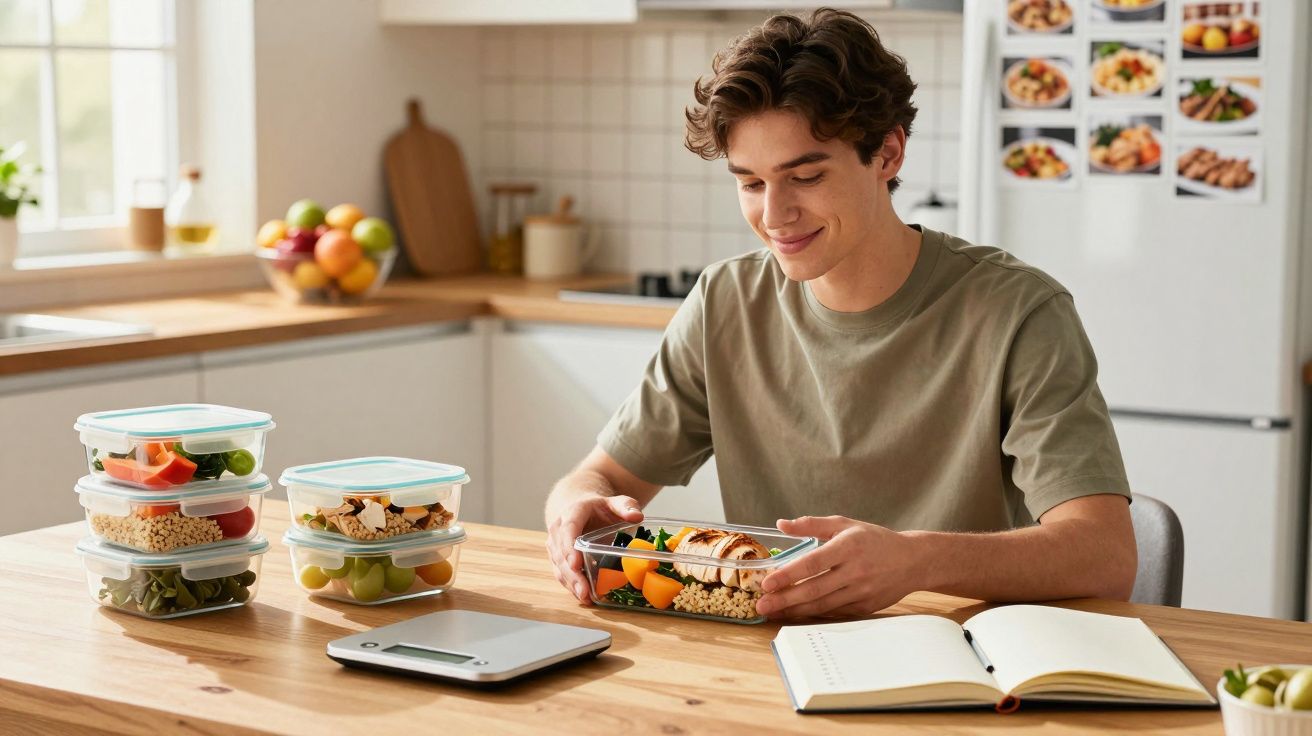Jovem sorrindo embalando refeições saudáveis em potes plásticos na cozinha moderna.