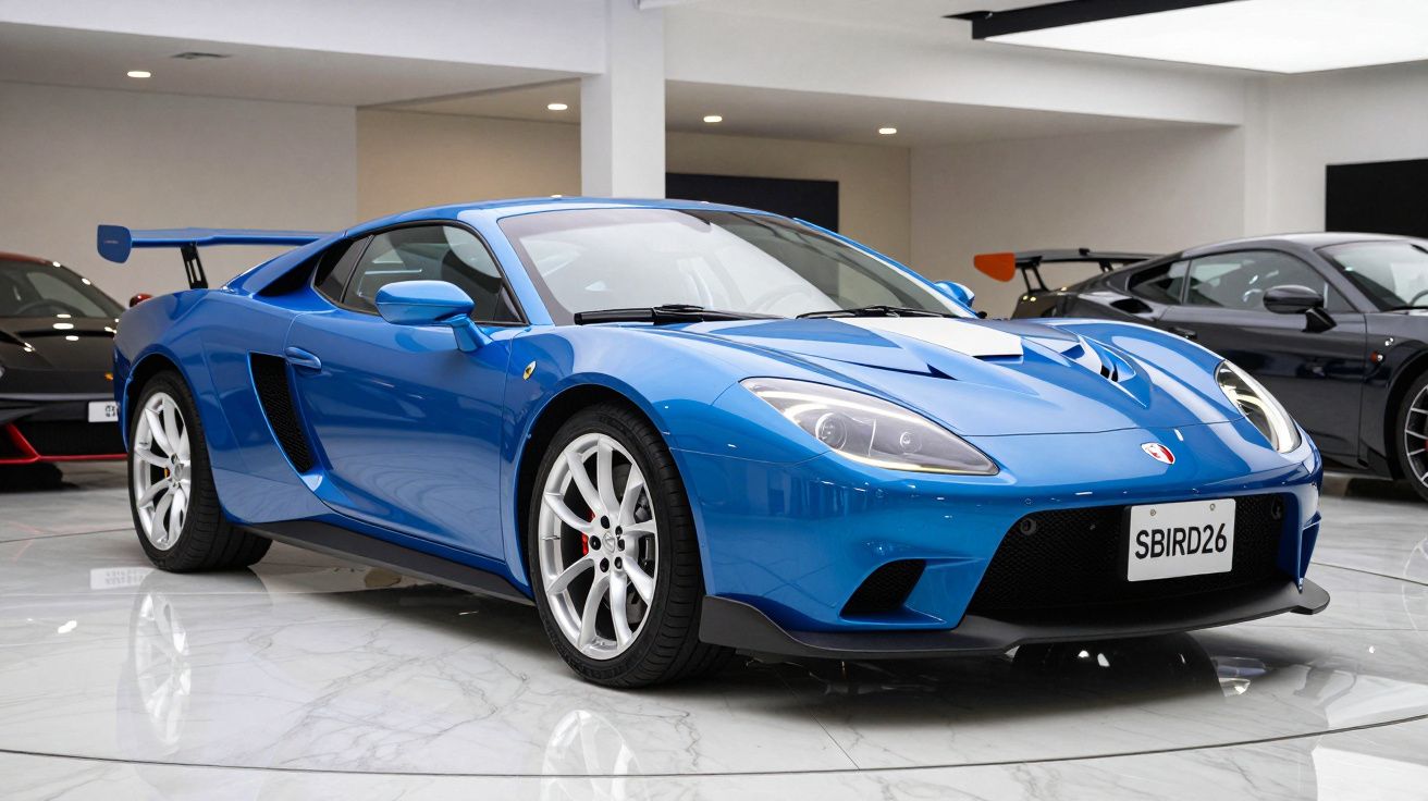 Carro esportivo azul com spoiler traseiro exposto em garagem com piso branco e outros carros ao fundo.