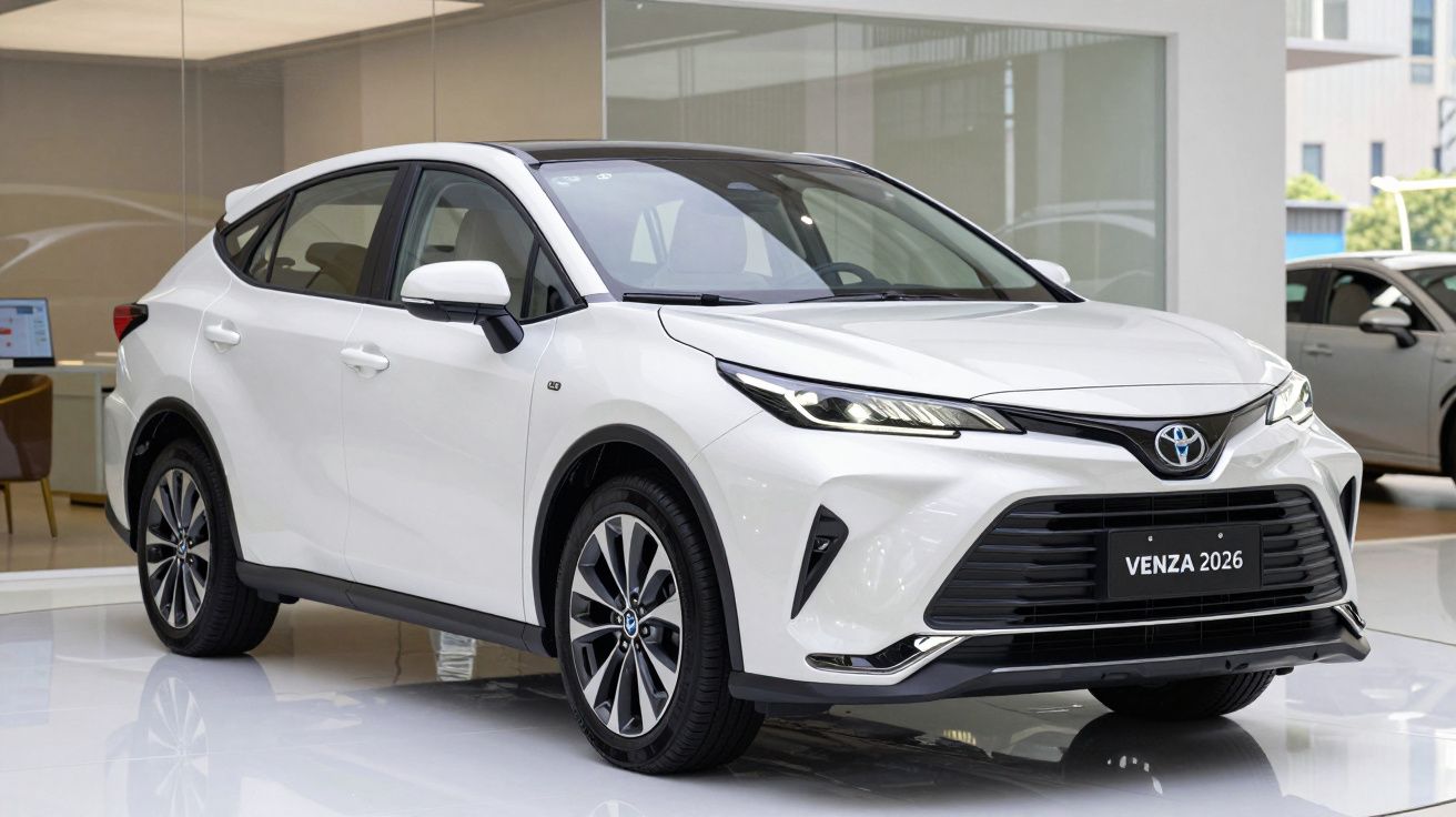 Carro branco Toyota Venza 2026 em exposição dentro de showroom moderno e bem iluminado.