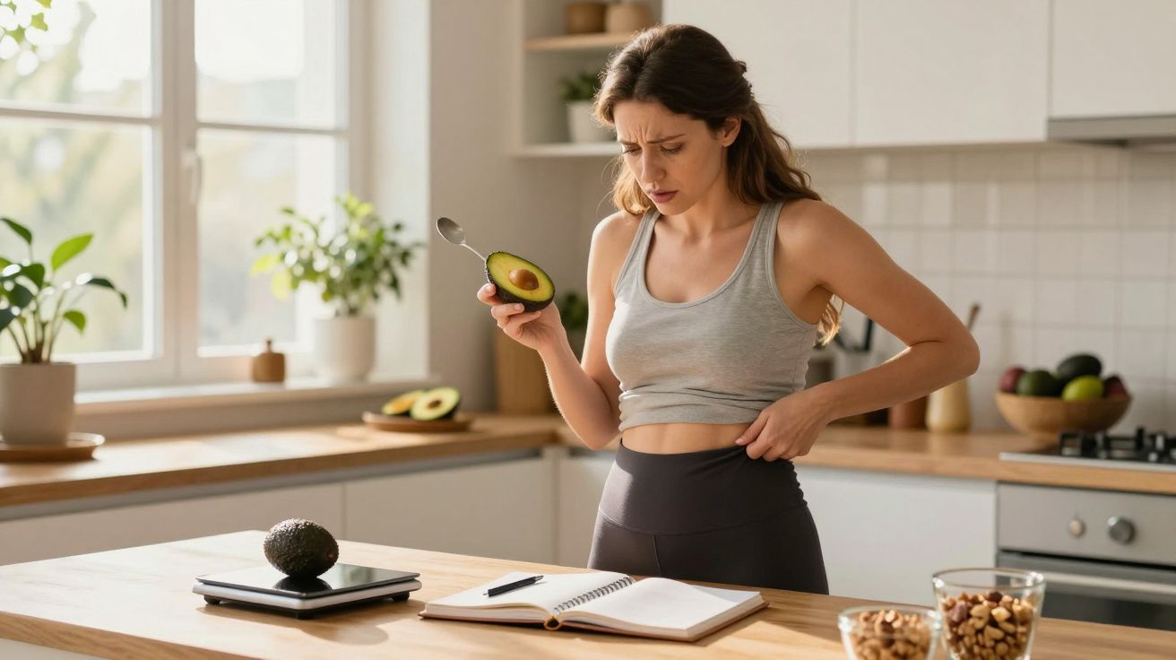 Mulher na cozinha segurando abacate e massageando a barriga com expressão de desconforto.