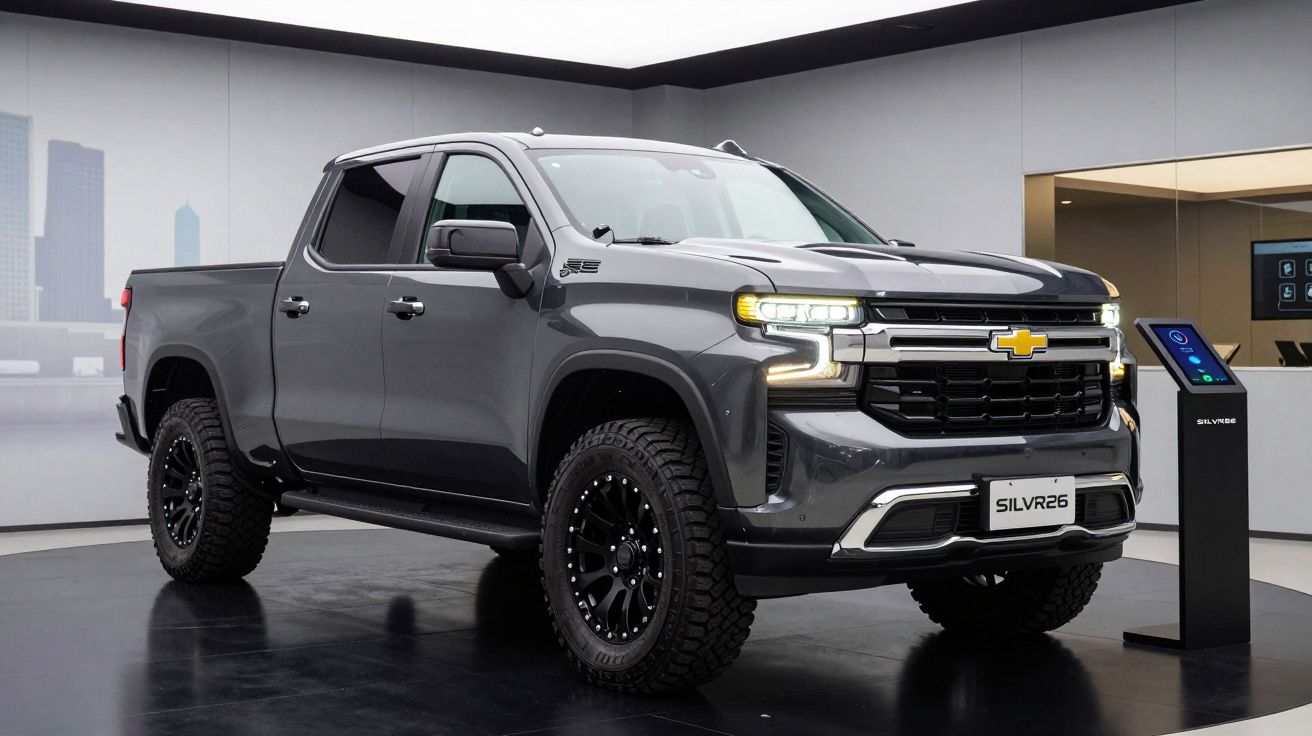 Picape Chevrolet Silverado cinza em exibição, com rodas pretas e detalhes cromados.