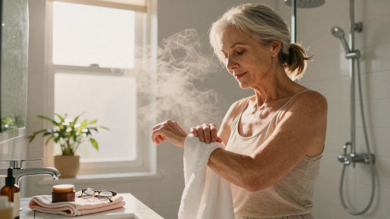Mulher idosa secando o pulso com toalha em banheiro iluminado com vapor no fundo.