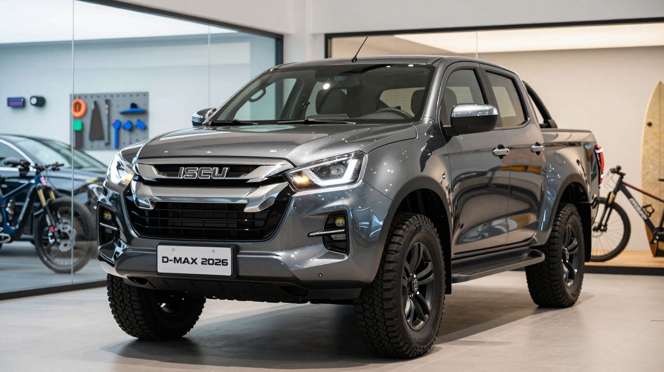 Picape cinza Isuzu D-Max 2026 estacionada em showroom moderno com bicicletas ao fundo.