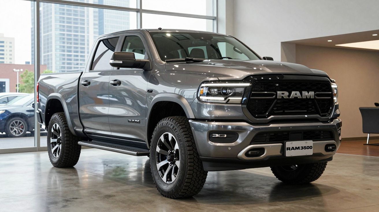 Pick-up RAM 3500 cinza estacionada em showroom com detalhes em preto e rodas robustas.