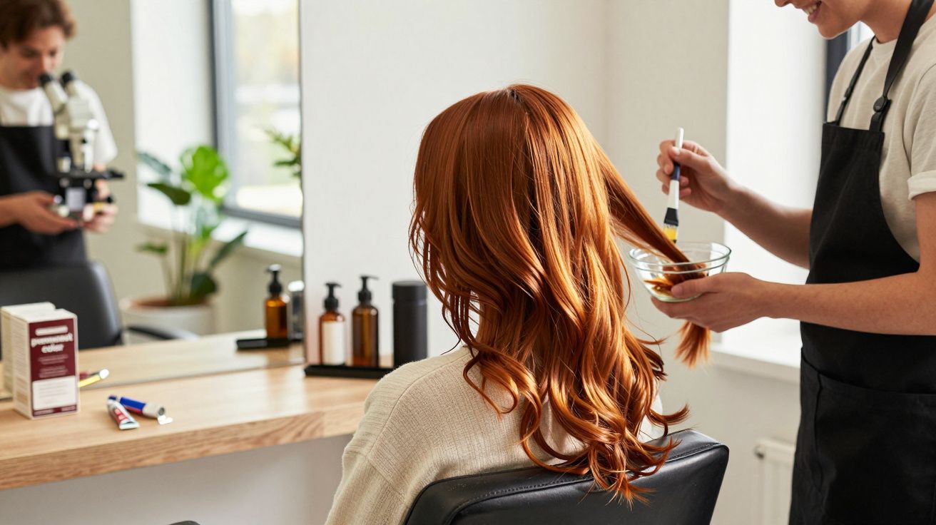 Pessoa tingindo cabelo vermelho em salão de beleza com profissional aplicando produto nas mechas.
