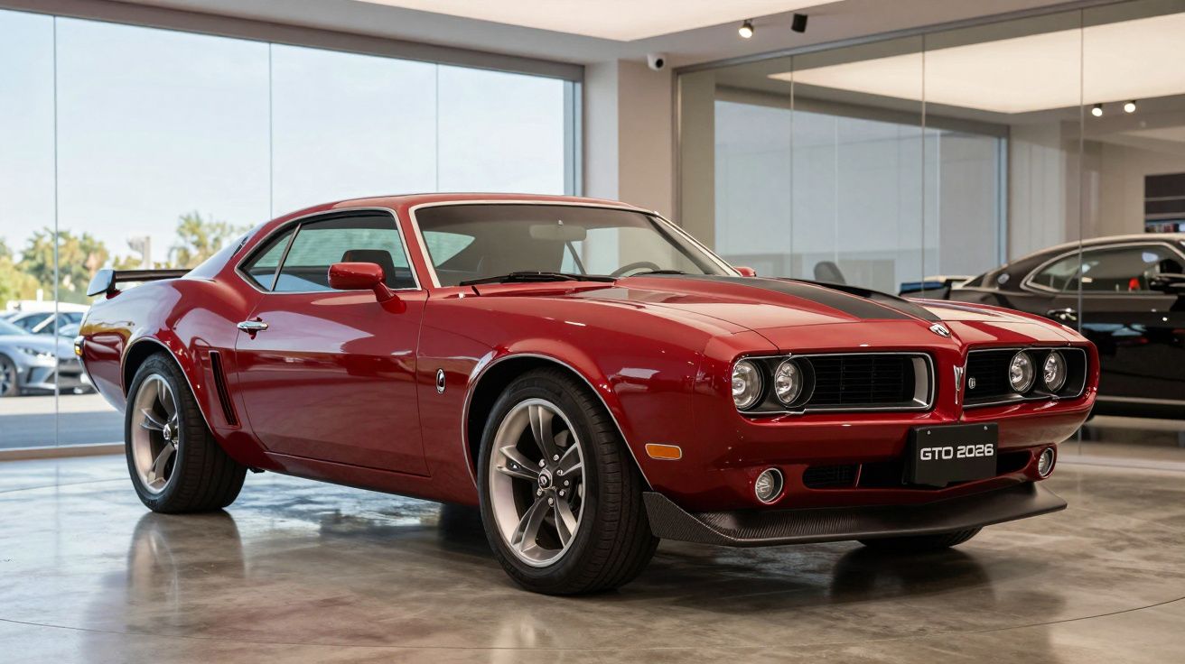 Carro esportivo vermelho GTO 2026 em showroom com piso de concreto e parede de vidro.