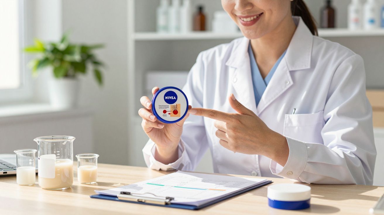 Mulher com jaleco branco segurando creme Nivea em ambiente de laboratório.
