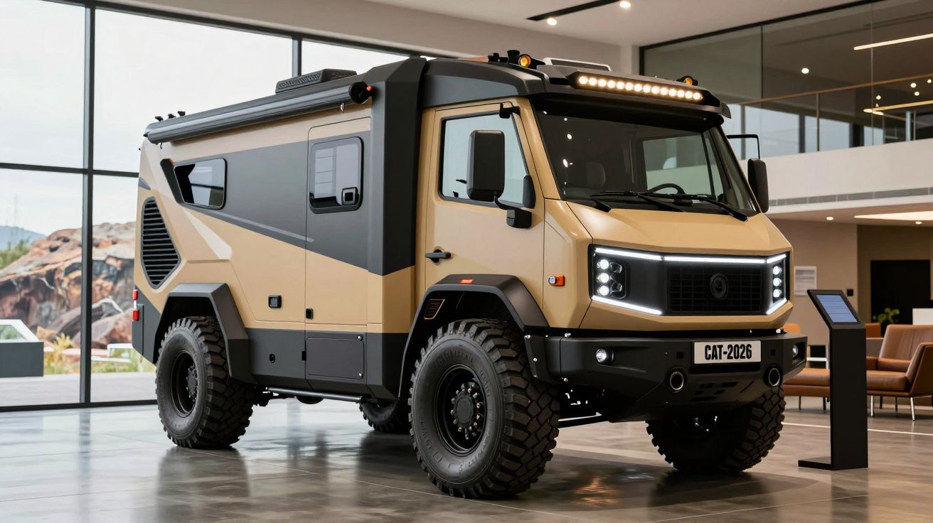 Veículo off-road robusto bege com detalhes pretos, pneus grandes e iluminação LED em exibição interna.