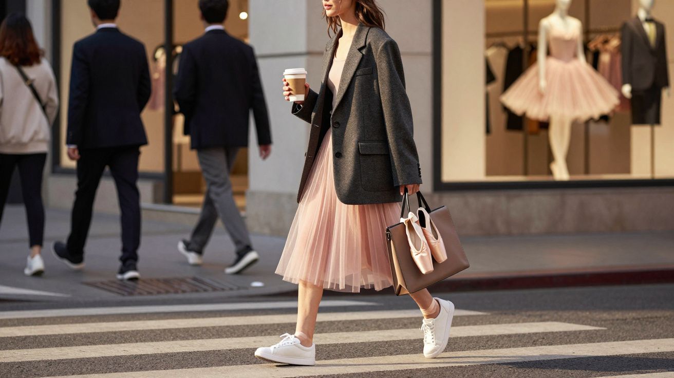 Mulher cruzando rua com vestido rosa, blazer cinza, tênis branco, café na mão e bolsa com sapatilhas de balé.