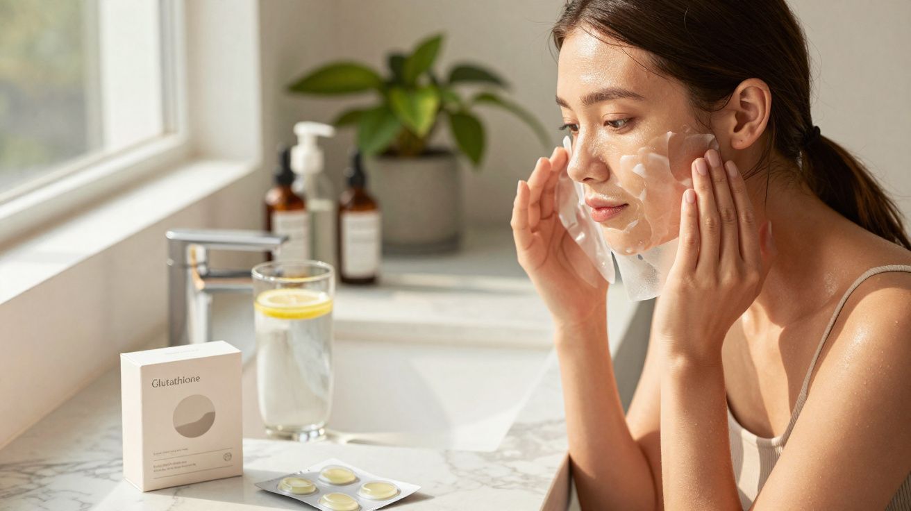Mulher aplicando máscara facial transparente em banheiro com produtos de skincare no balcão.