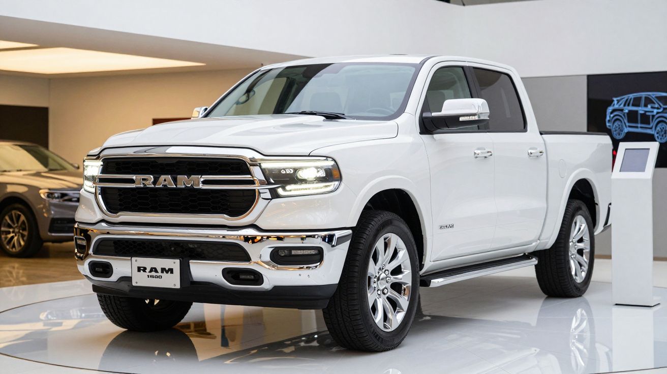 Picape branca RAM 1500 exposição em showroom moderno com iluminação interna.