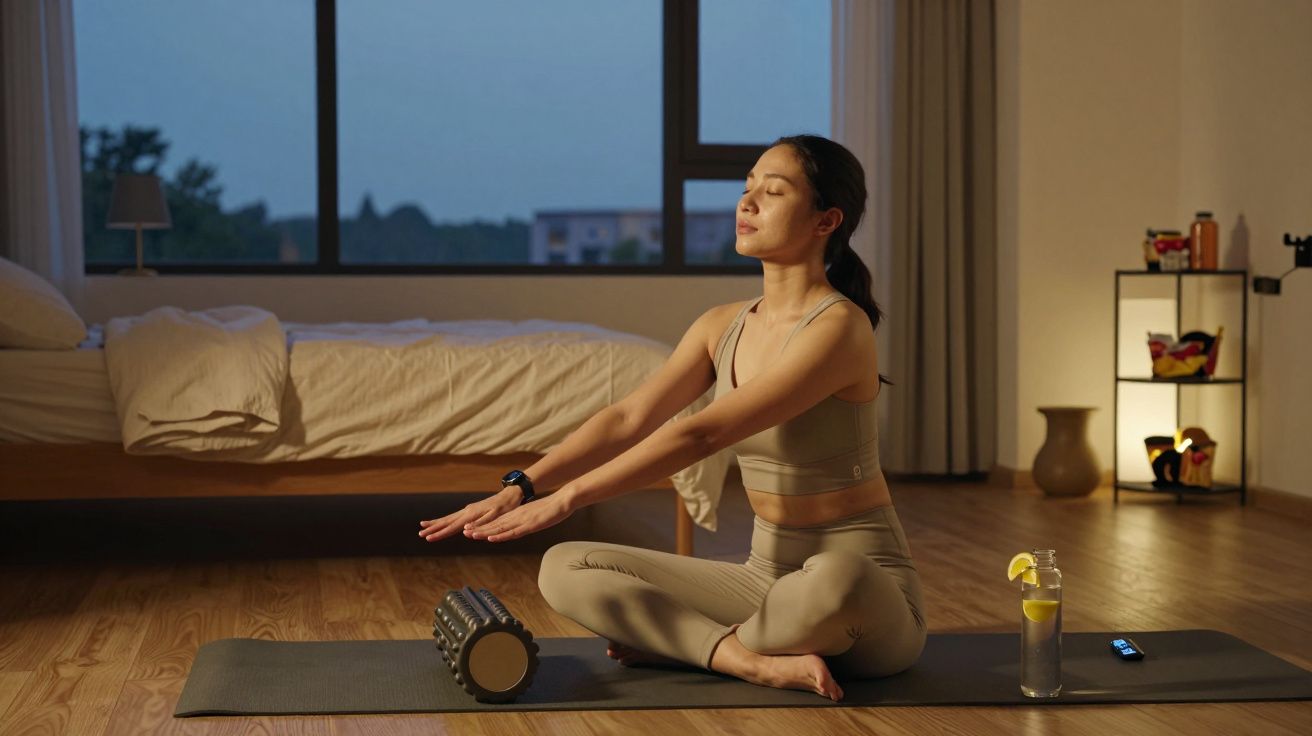 Mulher jovem meditando sentada em posição de lótus em um tapete de yoga ao lado de garrafa de água com limão.