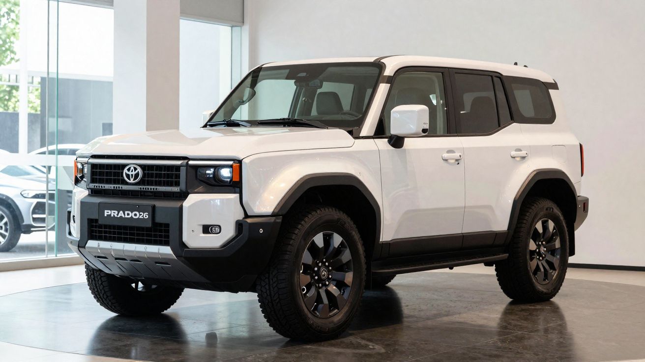 SUV Toyota Prado 26 branco exibido em showroom com rodas pretas e design robusto.