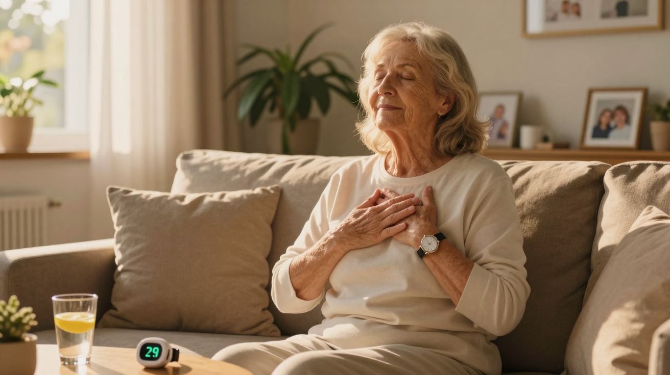 Mulher idosa sentada no sofá com olhos fechados e mãos no peito, em ambiente acolhedor e iluminado.